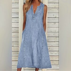 #1060 Sleeveless Light Blue Denim-Style Shift Dress